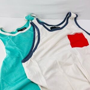 2‎ Men's White and Teal Tank Tops with Red Pocket